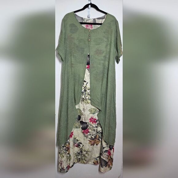 None Dresses & Skirts - Unbranded Wmns XXL Floral Dress Green Overlay Short Sleeve Lagenlook Church EUC